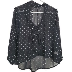 Black‎ Sheer White Polka Dot Tie Neck Hi Low Hem White Pullover SZ:PL